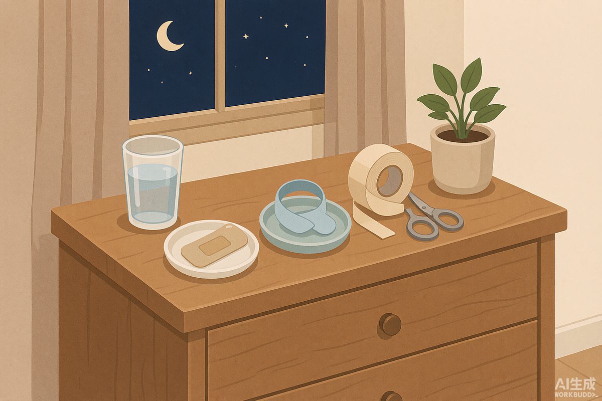 Illustration of different sleep mouth tape designs on a nightstand