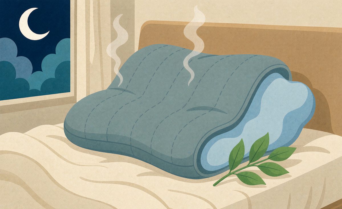 Illustration of a breathable cooling pillow on a bed