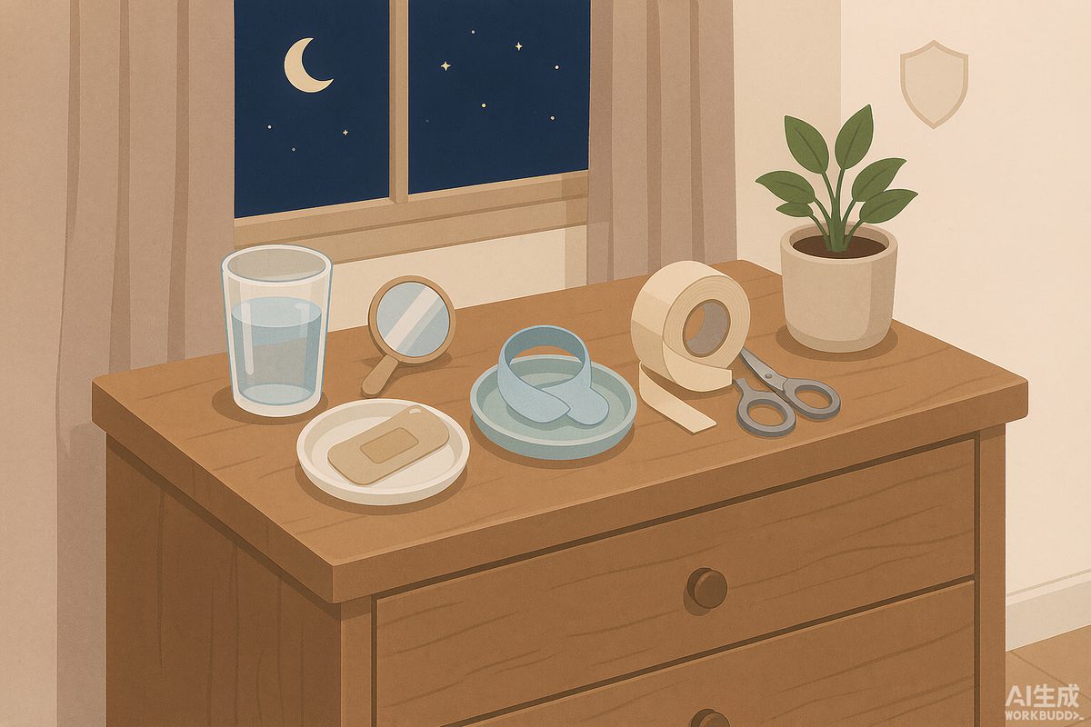 Illustration of a nightstand with tape, scissors, a nasal strip, a timer, and a mirror prepared for a safe mouth taping trial