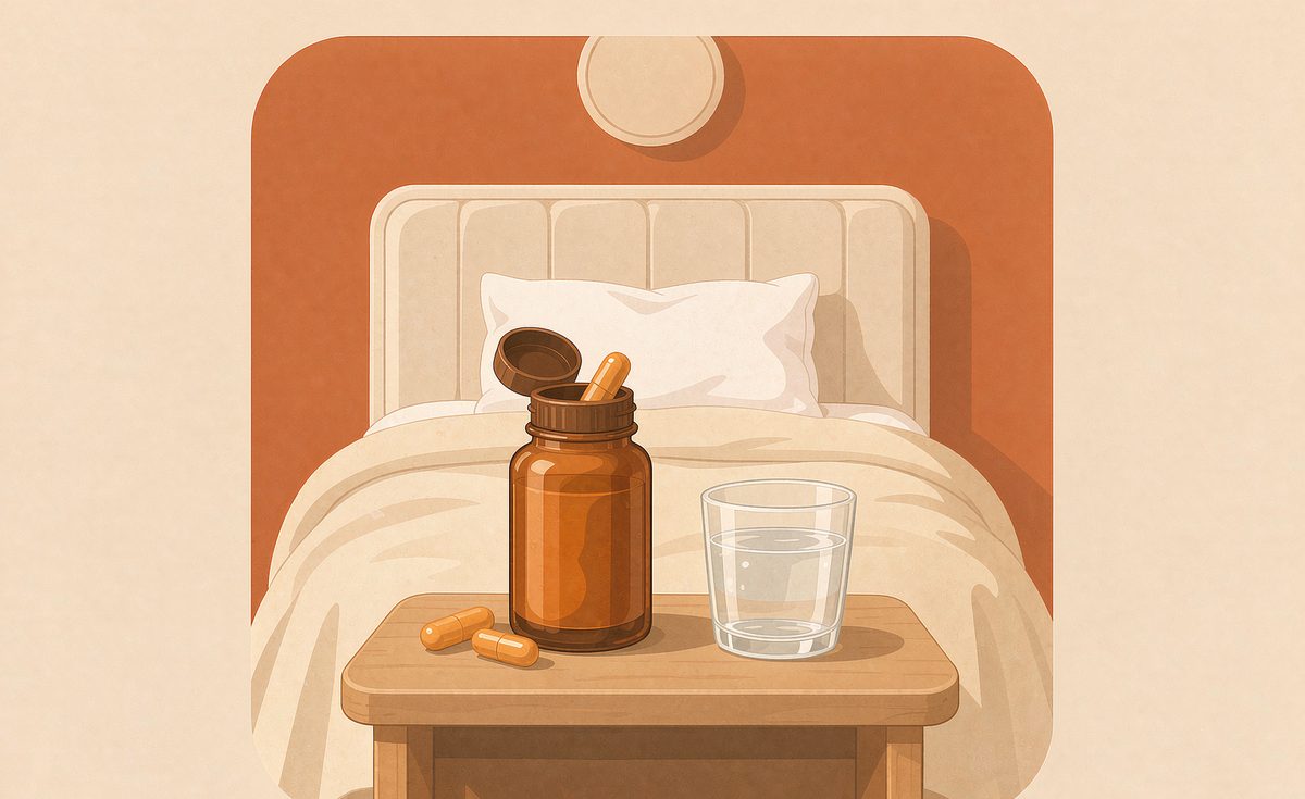 Illustration of a supplement bottle and glass of water