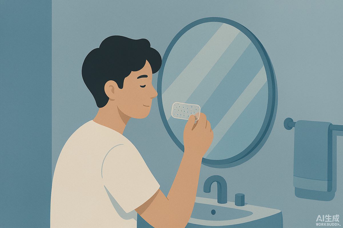 Illustration of a person checking skin-safe mouth tape in a mirror with a small strip, showing gentle porous tape and a calm expression