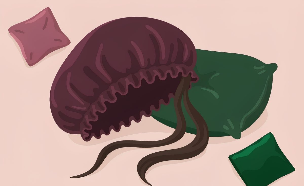 Illustration of a satin sleep bonnet on a pillow